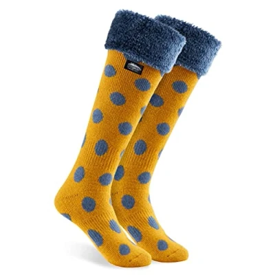 Abbildung von CityComfort Kuschelsocken Damen, Dicke Socken Rutschfeste Haussocken Kniehohe Strümpfe Damen (Gelb/Blaue Punkte)