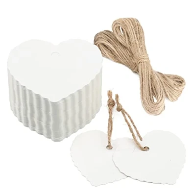 Abbildung von jijAcraft Herz Geschenkanhänger Valentinstag Anhänger Kraftpapier Etiketten, 100 Stück Tags und 20M Jute Schnur, für Hochzeit Geschenke Basteln Deco (Weiß)