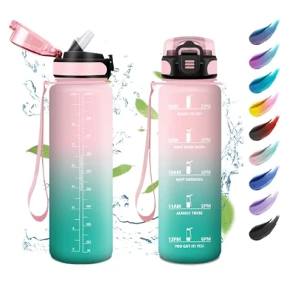 Abbildung von Sport Trinkflasche 1L, Auslaufsichere Wasserflasche mit Strohhalm, Motivierende Zeitmarkierung, Kohlensäure Geeignet, Sportflasche für Gym, Camping, Fahhrad, Erwachsener, Wandern