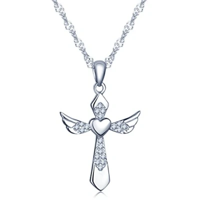 Abbildung von Unendlich U Fashion Kreuz Herz Engelsflügel Halskette 925 Sterling Silber Zirkonia Anhänger Kettenanhänger,