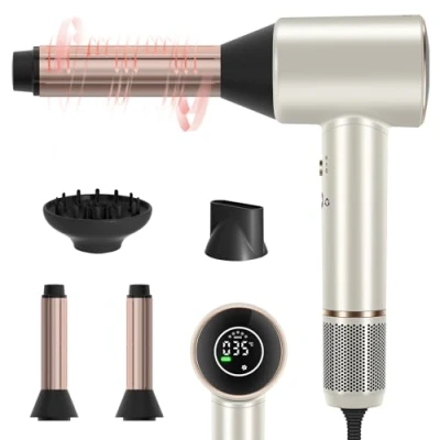 Abbildung von PARWIN PRO BEAUTY Air Sonic Föhn, HD LED Anzeige Fön, Haartrockner mit 110,000RPM Bürstenlosem Geräuscharm Motor, 2x 32mm Auto Wrap Curler, 25M/S Luftstrom für Schnelle Trocknung （Champagne Silver）