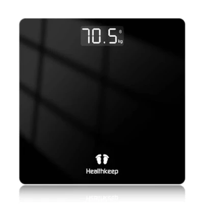 Abbildung von Healthkeep Personenwaage, Körperwaage mit Hochpräzisions Sensoren, Personen Digitalwaage Step On Technik, Gewichtswaage aus Sicherheitsglas, Schwarz 26cm*26cm