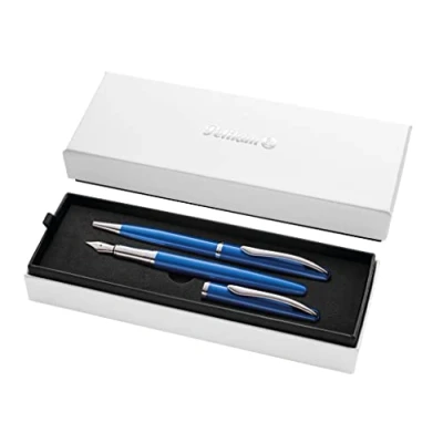 Abbildung von Pelikan Geschenkset Jazz Noble mit Füller und Kugelschreiber, Saphire (Blau), eleganter Patronenfüller (Feder M) Kugelschreiber aus Metall, im Geschenketui, 821902
