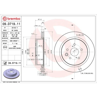 Abbildung von BREMBO 09.D719.11 Bremsscheibe 310 22 5 innenbelüftet beschichtet
