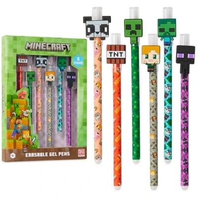 Abbildung von Minecraft Gelschreiber Radierbar 6er Pack, Löschbare Gel Stifte Set Einschulung Geschenke für Jungs