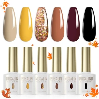 Abbildung von ROSALIND UV Nagellack 6 Farben Khaki Erdig Gelb Schwarz Braun Glitzer Gold Gel Set Farbgel Für Gelnägel Soak Off LED Nail Polish Lampe Salon Design Kit