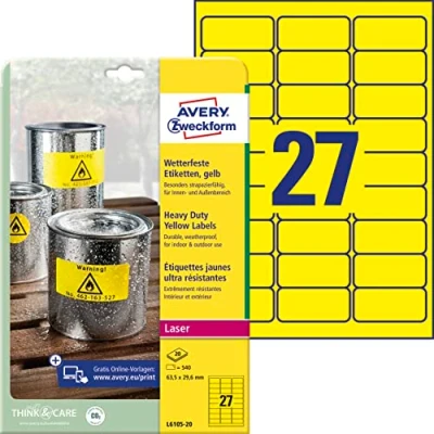Abbildung von AVERY Zweckform L6105 20 Wetterfeste Folienetiketten (540 Signalaufkleber, 63,5x29,6mm auf A4, extrem stark selbstklebend, wasserfest, strapazierfähig, bedruckbare Outdoor Klebefolie) Blatt, gelb