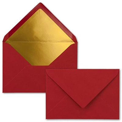 Abbildung von Kuverts in Dunkelrot 10 Stück Brief Umschläge DIN C6 114 x 162 mm 11,4 16,2 cm Naßklebung matte Oberfläche &amp; Gold Metallic Fütterung ohne Fenster für Einladungen
