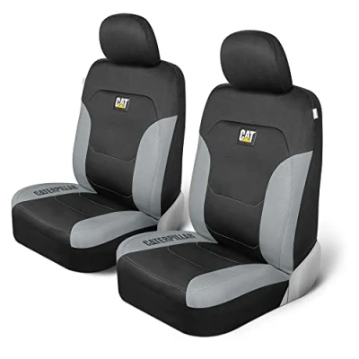 Abbildung von CAT erpillar Flexfit Automotive Sitzbezüge für Auto LKW und SUVs (2er Set) Schwarz Vordersitze Sitzschoner mit Grauer Wabenborte, Innenraumbezüge
