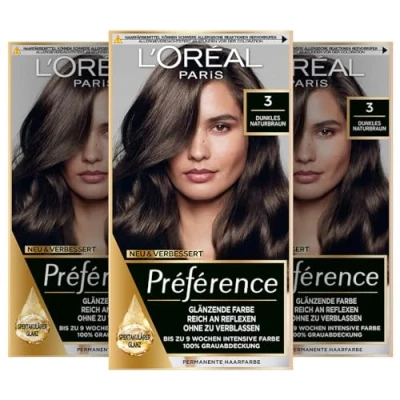 Abbildung von L&#039;Oréal Paris Permanente Haarfarbe, Haarfärbeset mit Coloration und Farbglanz Pflegebalsam, Préférence, 3 Dunkles Naturbraun, 3er Set