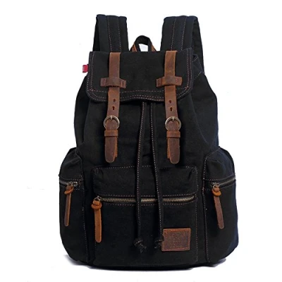Abbildung von YuHan Canvas Rucksack, Unisex, Vintage, lässiger Laptop, Tagesrucksack, MacBook Tasche, Schultasche, Studentententasche, Büchertasche, Schulranzen, Wandern, Camping, Schwarz, Schwarz ,