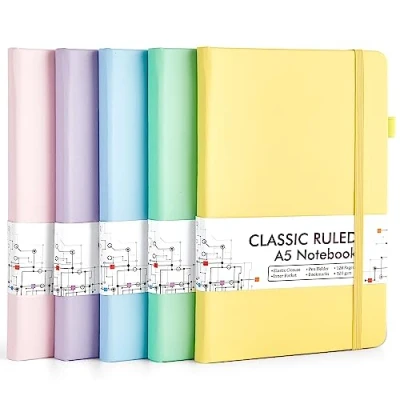 Abbildung von feela Notizbuch A5 liniert Hardcover, 5 buntes Notizbücher Set, Journal Buch mit Gelstifte schwarz, 120 GSM, 13x21cm, Notizblock Set geeignet für Büro, Schule, Kinder und Erwachsene, Din