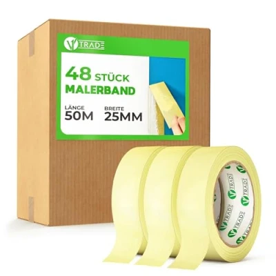 Abbildung von V1 TRADE Kreppband Universal Malerkrepp Hilfreich beim Malen Leicht Abnehmbar Abklebeband Malerband Wasserdicht Klebeband Gelb (48 Stück, 25mm x 50m)