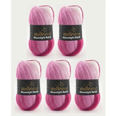Abbildung von Wollbiene Moonlight Batik 5 x 100g Strickwolle 500 Gramm Wolle zum Stricken und Häkeln 20% türkische Farbverlaufswolle (5300 beere weiß)