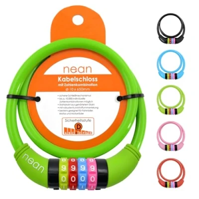 Abbildung von nean Fahrradschloss mit Zahlen für Kinder, diverse Farben,10x650 mm, Kabel Schloss Code Kombination, Kinderschloss Fahrrad, Farbenfrohes Kinderfahrradschloss, Zahlenschloss Kind Mädchen, Jungen (grün)