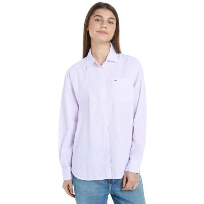 Abbildung von Tommy Jeans Damen Bluse Stripe Linen Shirt Hemdbluse, Violett (Lavender Flower / Stripe), L