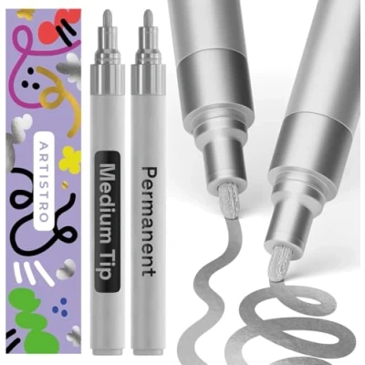 Abbildung von Artistro Metallic Permanentmarker Set mit 2 silbernen Farbstiften, Farbmarker auf Ölbasis, mittlere Spitze 3 mm, wasserfester, schnell trocknender Marker für Stein, Keramik, Glas, Holz, Stoff