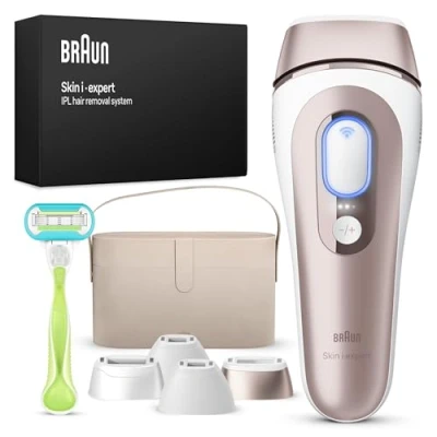 Abbildung von Braun Smart IPL Skin i·expert, Haarentfernung für zu Hause, Gratis App, Aufbewahrungstasche, Venus Rasierer, 4 Aufsätze, PL7387