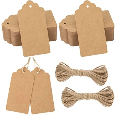 Abbildung von jijAcraft Geschenkanhänger Kraftpapier Anhänger Etiketten 10x5 cm, 100 Stück Tags + 20M Jute Schnur, für Basteln Valentinstag Hochzeits Weihnachts Geschenke (Braun)