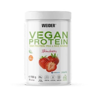 Abbildung von Weider Vegan Protein (750g) Erdbeergeschmack. 23g Protein/Dosis, Erbsenisolat (Pisane) &amp; Reisproteine. Mit Vitamin B12 und Stevia. Glutenfrei, zuckerfrei. Verpackung 50% Recycelt, 100% Recycelbar
