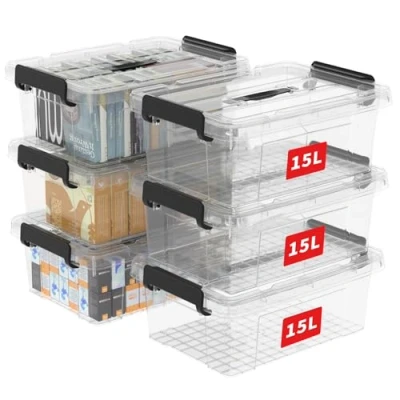 Abbildung von Cetomo 15L*6 Aufbewahrungsboxen, Tragbare Plastikboxen mit Deckeln, Organizer Behälter Griff und Clips, Stapelbar, Ineinander Nestbar, für Zuhause Büro, Transparent, 15L 6er Pack