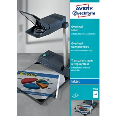Abbildung von AVERY Zweckform 2504 Overhead Folien für Inkjetdrucker (50 Transparentfolien, A4, spezialbeschichtet, stapelverarbeitbar, abziehbarer Sensorstreifen an kurzer Seite, Folienstärke 0,11mm)