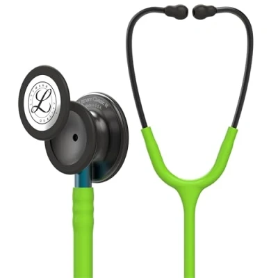 Abbildung von 3M Littmann Classic III Stethoskop zur Überwachung, 5875, Smoke Finish Bruststück, limonengrüner Schlauch, blauer Schlauchanschluss und rauchfarbener Ohrbügel, 69 cm