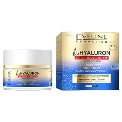 Abbildung von Eveline Cosmetics Biohyaluron 3xRetinol Nährende Wiederaufbau Creme Filler Dreifach Retinol &amp; 6 Formen von Hyaluronsäure Anti Aging, Vegan, Hypoallergen, 50 ML