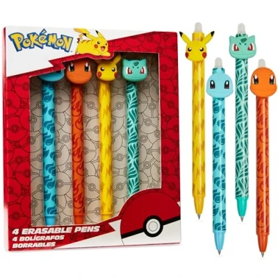 Abbildung von Pokemon Radierbarer Kugelschreiber Kinder 4er Stifte Set Blaue Tinte Pikachu Tintenroller mit Radiergummi Schule Geschenke für Jungs und Mädchen