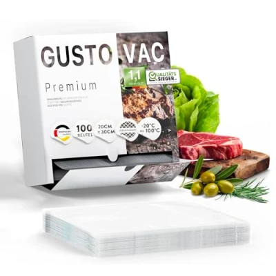 Abbildung von GustoVac Premium Vakuumbeutel, 100 Stk. 20x30cm Profi Folienbeutel, Vakuumierbeutel für Vakuumierer, Kochfest &amp; Sous Vide Gefrierbeutel, Lebensmittel Vakuumiergerät, Made in Germany, BPA frei