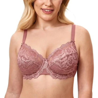 Abbildung von DELIMIRA Damen Vollschalen BH ungefütterte Spitze Tüll Cup,mit Bügel Jahrgangsrose 95B