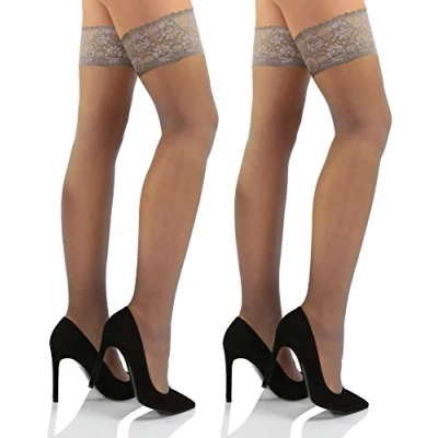 Abbildung von sesto senso Halterlose Strümpfe mit Spitze 2er Pack 15 DEN Feinstrümpfe Damen 1/2 XS/S Ambra Beige Hautfarbe