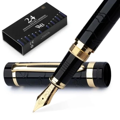 Abbildung von Wordsworth &amp; Black Primori Füllfederhalter Set [Schwarzes Gold]; Mittlere Feder, Geschenketui, 24 Tintenpatronen, Nachfüll Konverter, Tagebucheintrag, Kalligrafie; Links und Rechtshänder