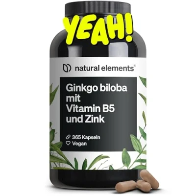 Abbildung von Ginkgo biloba optimal dosiert mit 3750mg pro Kapsel (50:1 Extrakt) 365 Kapseln Vitamin B5 &amp; Zink vegan, ohne unnötige Zusätze in Deutschland produziert laborgeprüft