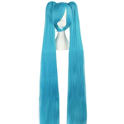 Abbildung von MapofBeauty Side Part Pony Ombre Länge Gerade Haarfasern Zwei Pferdeschwanz Synthetische Fibre Lolita Cosplay Anime Perücke (Cyan Blau)