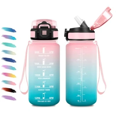 Abbildung von Trinkflasche Kinder Auslaufsicher 500ml, Wasserflasche mit strohhalm, Sport Zeitmarkierung, Kohlensäure Geeignet, Perfekt für Joggen, Schule, Mädchen, Junge, Picknick, Fahrrad
