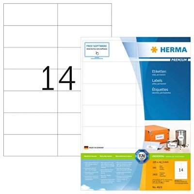 Abbildung von HERMA 4625 Universal Etiketten, 200 Blatt, 105 x 42,3 mm, 14 pro A4 Bogen, 2800 Stück, selbstklebend, bedruckbar, matt, blanko Papier Klebeetiketten Aufkleber, weiß