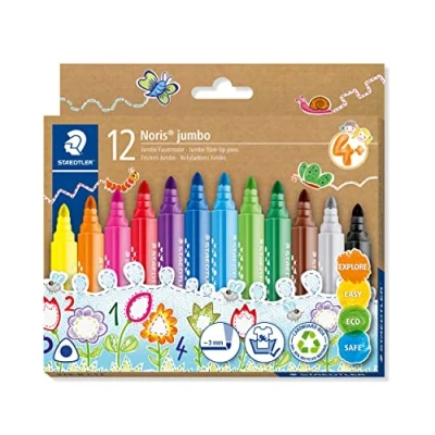Abbildung von Staedtler 328 B C12 Dicke Fasermaler Noris jumbo, ergonomischer Schaft, für Kinder ab 4 Jahren, 12 Filzstifte in sortierten Farben umweltfreundlicher Kartonverpackung