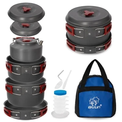 Abbildung von Bulin Camping Kochgeschirr Set,Outdoor Kochset Aluminium,Camping Töpfe und Pfannen für 1 2 4 6 Personen Picknick Wandern (4 6.5L Mit Kessel)