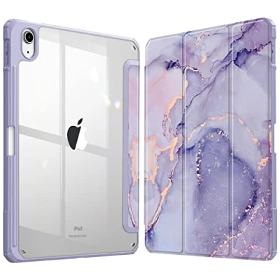 Abbildung von Fintie Hybrid Hülle für iPad 10. Generation 2022 (10.9 Zoll) mit Stifthalter Stoßfeste Schutzhülle transparenter Hartschale auf der Rückseite, Lila Marmor