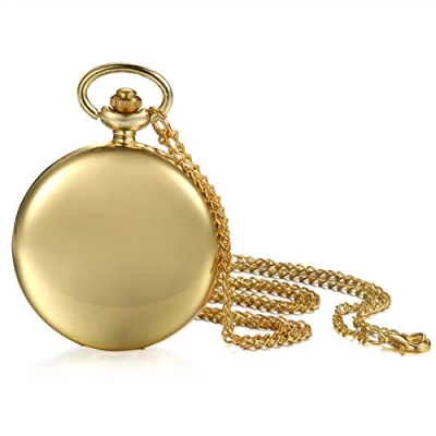 Abbildung von JewelryWe Herren Damen Taschenuhr Classic Glänzend Kettenuhr Analog Quarz Uhr mit Halskette Kette Umhängeuhr Pocket Watch Geschenk Gold