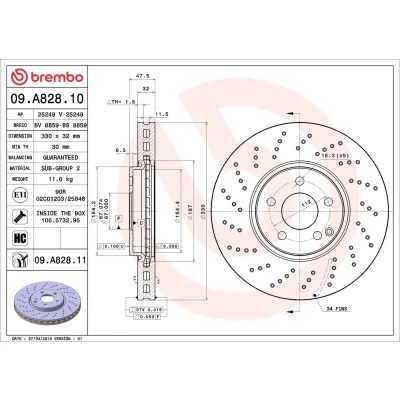 Abbildung von BREMBO COATED DISC LINE 09.A828.11 Bremsscheibe 330 32 5 gelocht/innenbel. beschichtet hochgekohlt mit Schrauben MERCEDES BENZ: S Class Saloon