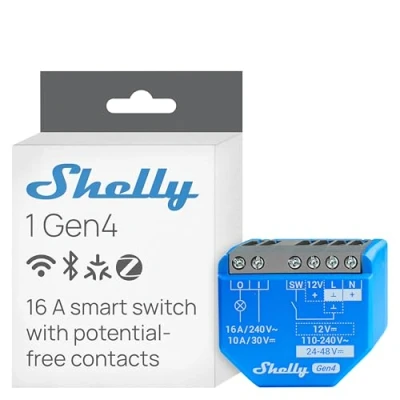 Abbildung von Shelly 1 Gen4, WLAN betriebener Smart Relaisschalter, Kanal, 16A, Potentialfreier Kontakt, Hausautomation, Fernsteuerung, Kein Hub Erforderlich, Alexa, Apple HomeKit &amp; Google Home, Zigbee Matter
