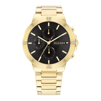 Abbildung von Tommy Hilfiger Multi Zifferblatt Quarz Uhr für Damen mit Gelbgoldfarbenes Edelstahlarmband 1782380