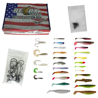 Abbildung von Relax Gummifische Box Kopyto, Bass, King Shad UVM. mit passenden Jigköpfen und Zubehör 40 TLG