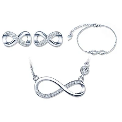 Abbildung von Yumilok Damen Ketten Halskette Armkette Ohrstecker mit Anhänger Infinity Unendlichkeit Symbol in 925 Sterling Silber Schmuck Sets für Frauen Mädchen