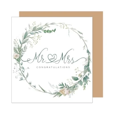 Abbildung von Edition Seidel Premium quadratische Glückwunschkarte Karte zur Hochzeit mit Umschlag. Hochzeitskarte Grußkarte für Brautpaar Vermählung Just Married Wedding Blumenkranz Eukalyptus (HQ101 SW024)
