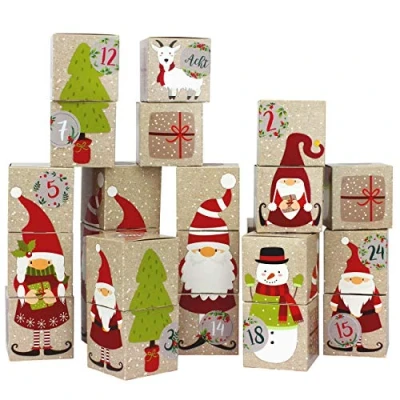 Abbildung von Papierdrachen DIY Adventskalender zum Befüllen Kisten Set Motiv Wichtel 24 Bunte Schachteln aus Karton Aufstellen und Boxen Weihnachten 2024