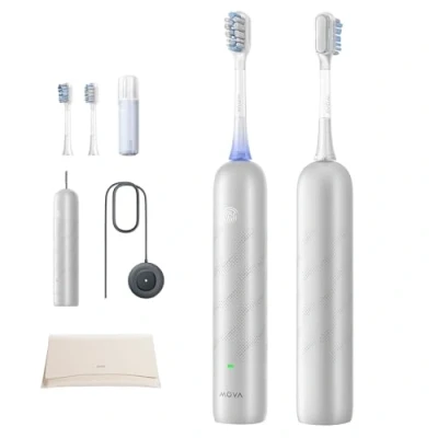 Abbildung von MOVA Fresh Pro 3DClean™ Elektrische Zahnbürste mit App, Schallzahnbürste für Erwachsene, 2 Bürstenköpfe und Reiseetui, 3 in 1 Ersatzbürstenkopf Halter, 30 Tage Akkulaufzeit, Silber