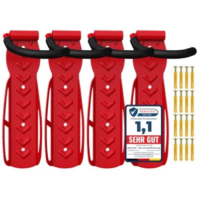 Abbildung von 4 x WELLGRO Wand Fahrradhalter Stahl Fahrrad Wandhalterung Haken Fahrradständer Ständer Farbe wählbar, Farbe:Rot
